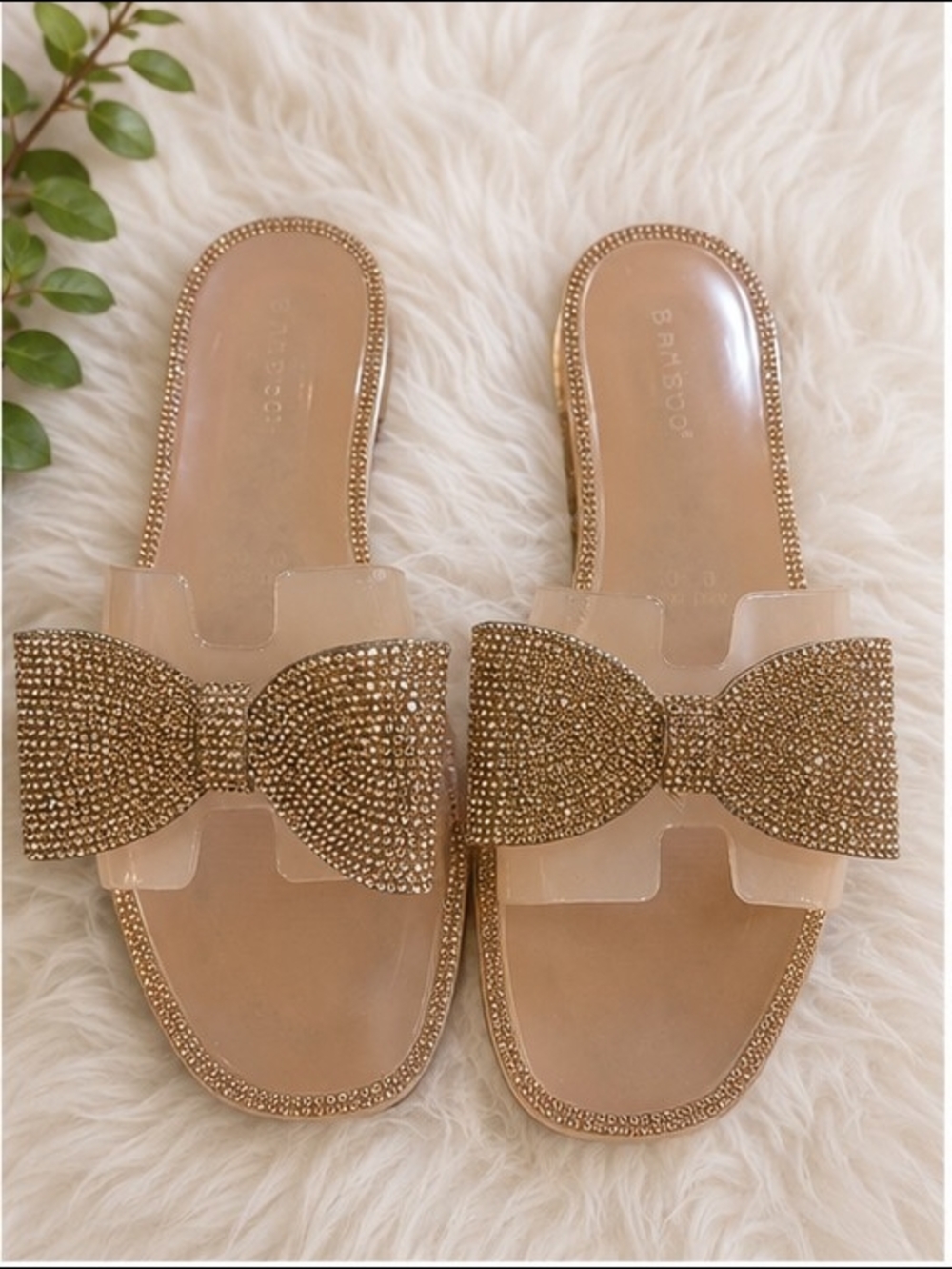 Elegant Rhinestone Bow Slide Sandals Rosegold